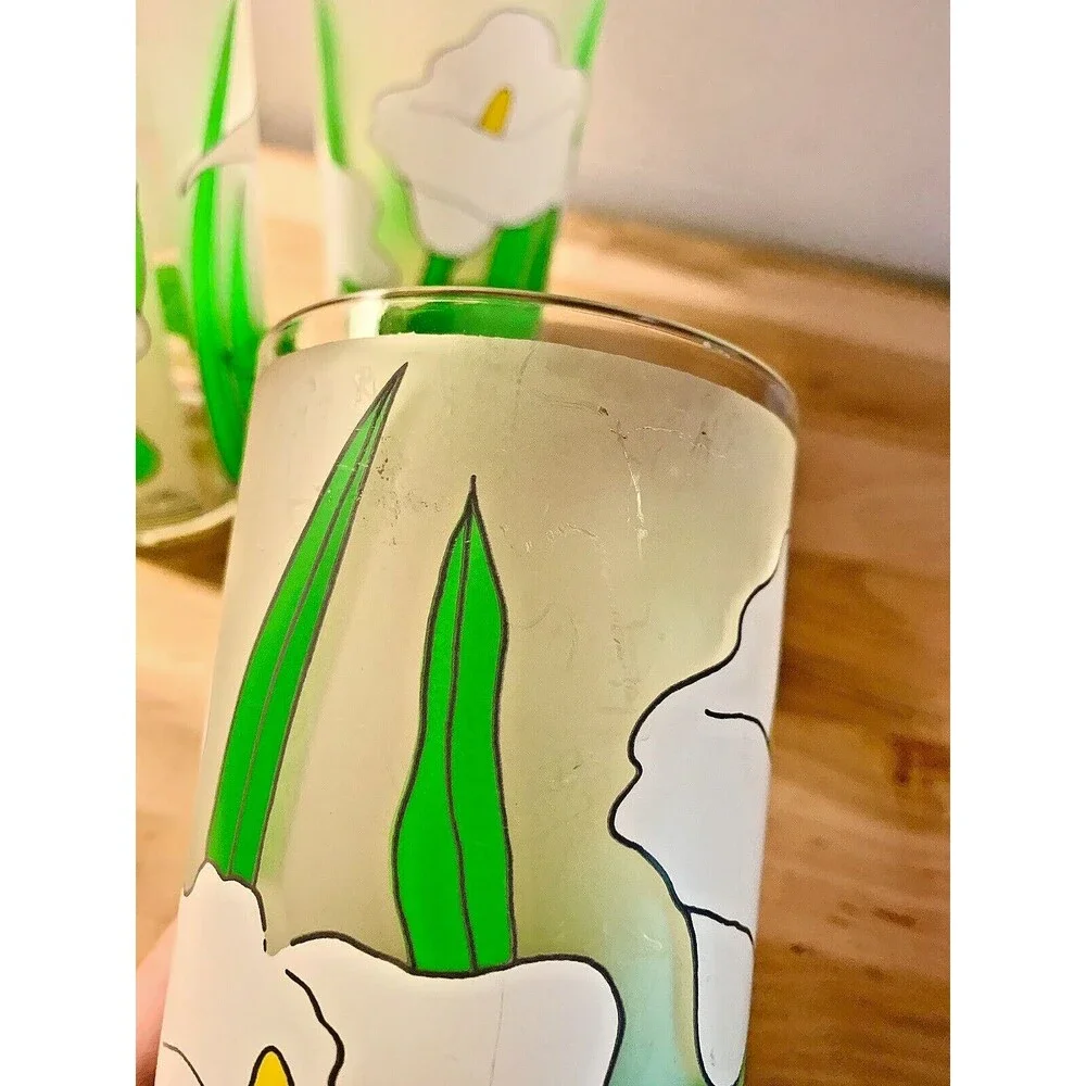 VTG Calla Lily Frosted Tumblers 4 Set 1980s Splash Ware Acrylic Cups 16 oz Retro